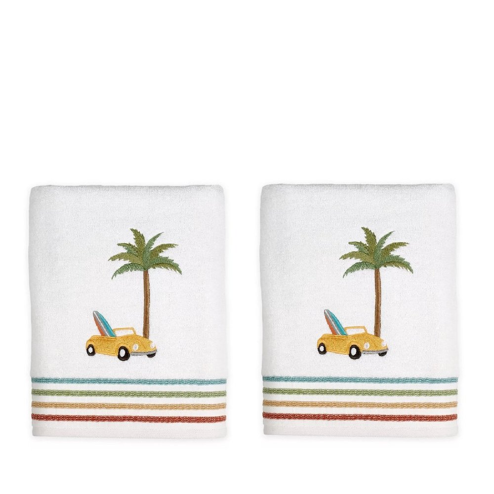 2 SKL Surfs Up Bath Towels Volkswagen Convertible Beetle Car SURFBOARD Palm Tree